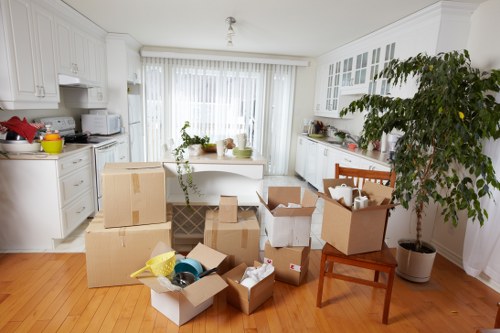 Packed moving boxes ready for house removal services in Ruislip